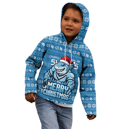 Personalized Cronulla Sharks Christmas Kid Hoodie Australian Rugby Fans - Pixelated Ugly Xmas Pattern Mascot Santa