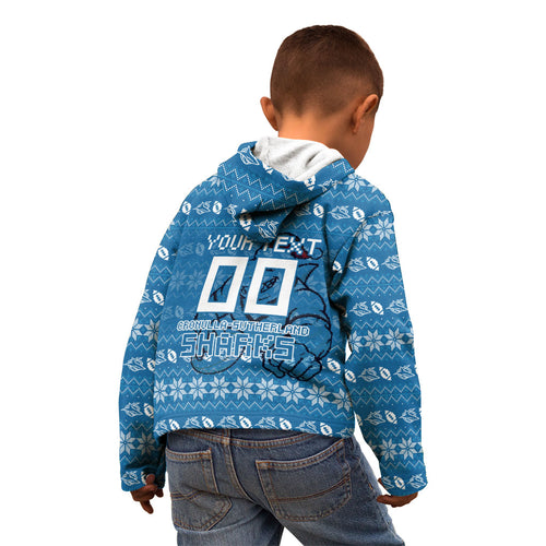 Personalized Cronulla Sharks Christmas Kid Hoodie Australian Rugby Fans - Pixelated Ugly Xmas Pattern Mascot Santa