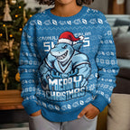 Personalized Cronulla Sharks Christmas Kid Ugly Christmas Sweater Australian Rugby Fans - Pixelated Ugly Xmas Pattern Mascot Santa
