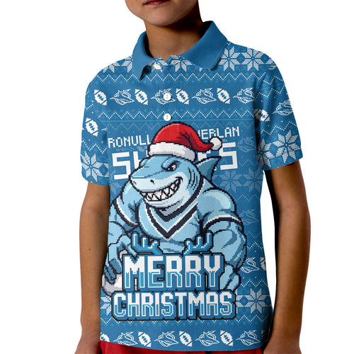 Personalized Cronulla Sharks Christmas Kid Polo Shirt Australian Rugby Fans - Pixelated Ugly Xmas Pattern Mascot Santa