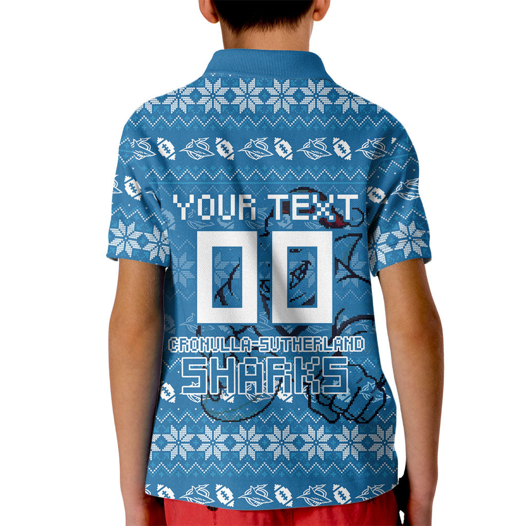 Personalized Cronulla Sharks Christmas Kid Polo Shirt Australian Rugby Fans - Pixelated Ugly Xmas Pattern Mascot Santa