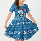 Personalized Cronulla Sharks Christmas Kid Short Sleeve Dress Australian Rugby Fans - Pixelated Ugly Xmas Pattern Mascot Santa