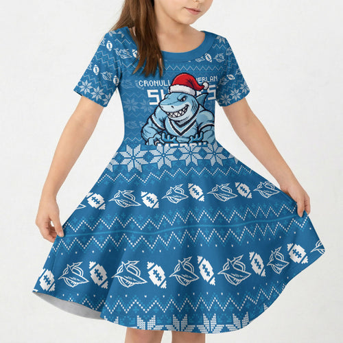 Personalized Cronulla Sharks Christmas Kid Short Sleeve Dress Australian Rugby Fans - Pixelated Ugly Xmas Pattern Mascot Santa