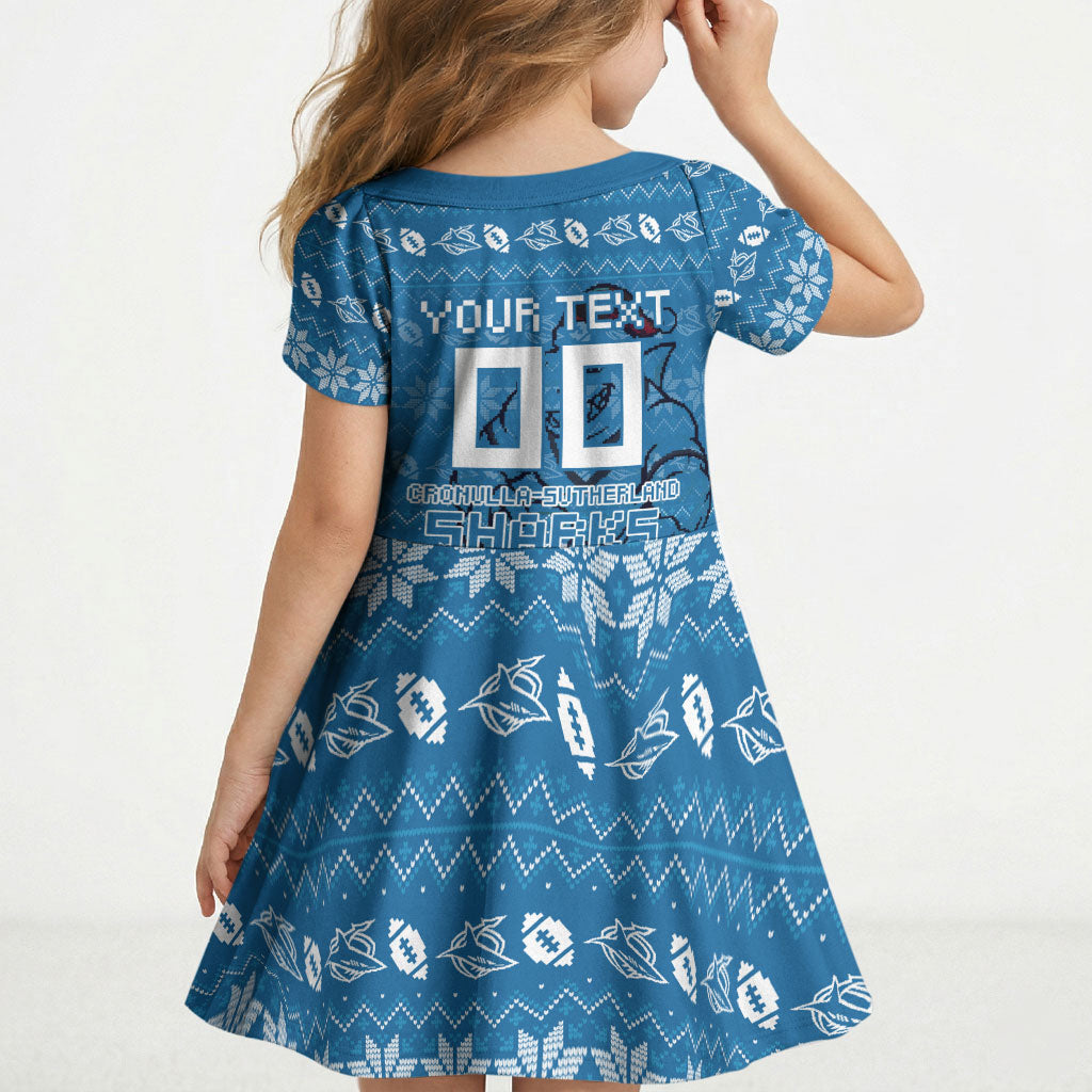 Personalized Cronulla Sharks Christmas Kid Short Sleeve Dress Australian Rugby Fans - Pixelated Ugly Xmas Pattern Mascot Santa