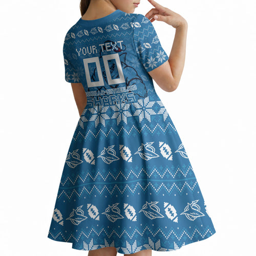 Personalized Cronulla Sharks Christmas Kid Short Sleeve Dress Australian Rugby Fans - Pixelated Ugly Xmas Pattern Mascot Santa