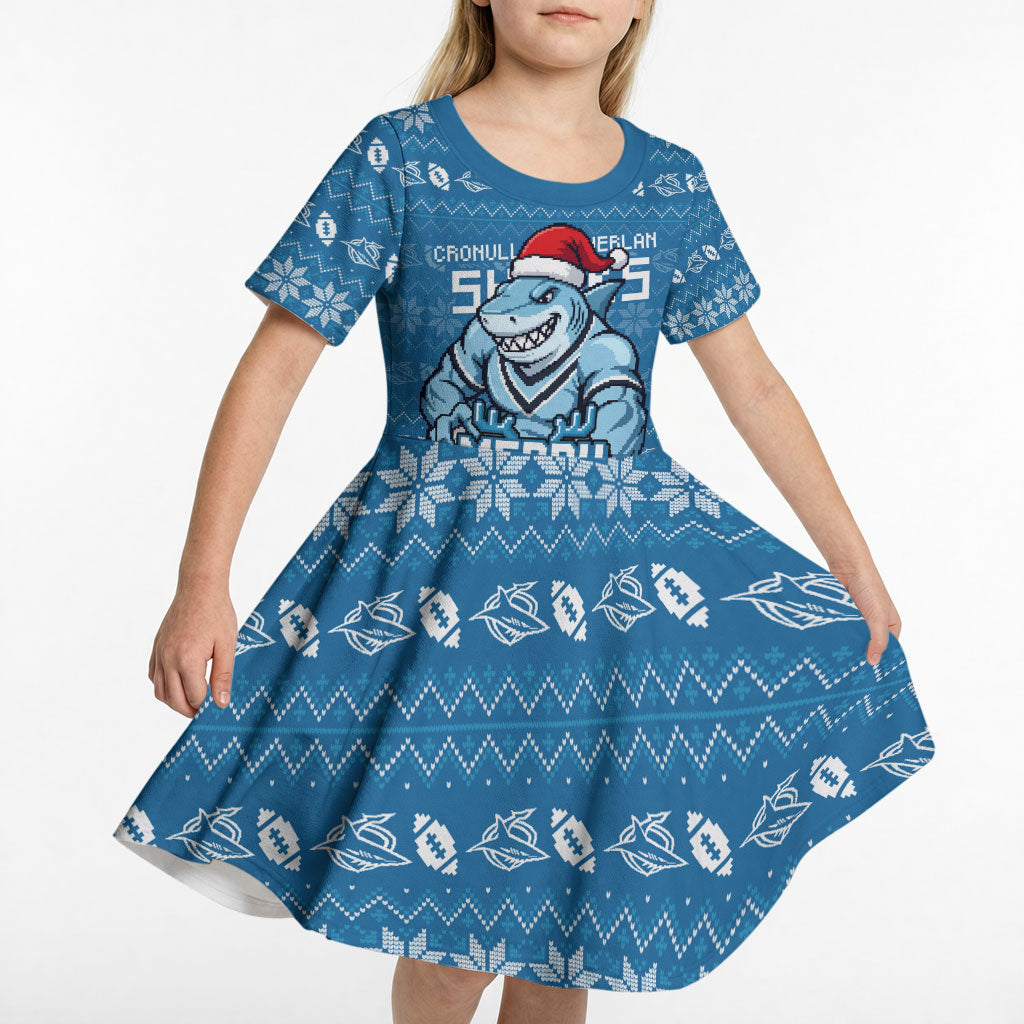 Personalized Cronulla Sharks Christmas Kid Short Sleeve Dress Australian Rugby Fans - Pixelated Ugly Xmas Pattern Mascot Santa