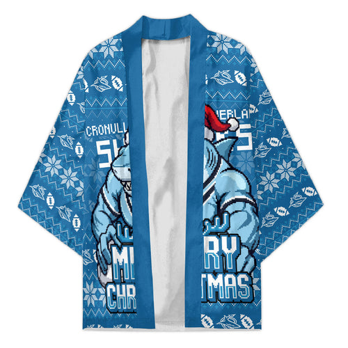 Personalized Cronulla Sharks Christmas Kimono Australian Rugby Fans - Pixelated Ugly Xmas Pattern Mascot Santa
