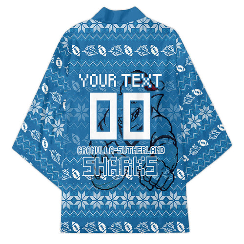 Personalized Cronulla Sharks Christmas Kimono Australian Rugby Fans - Pixelated Ugly Xmas Pattern Mascot Santa