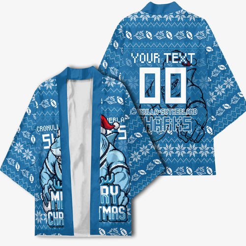 Personalized Cronulla Sharks Christmas Kimono Australian Rugby Fans - Pixelated Ugly Xmas Pattern Mascot Santa