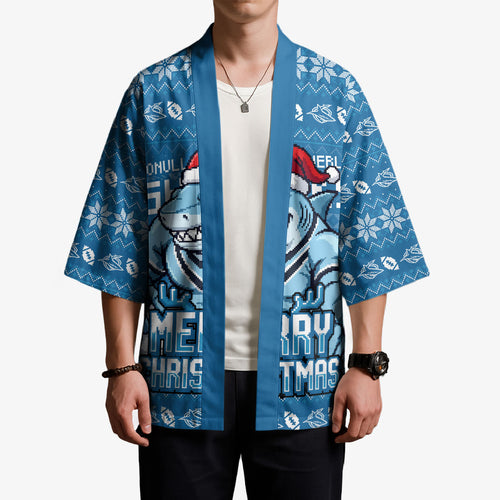 Personalized Cronulla Sharks Christmas Kimono Australian Rugby Fans - Pixelated Ugly Xmas Pattern Mascot Santa