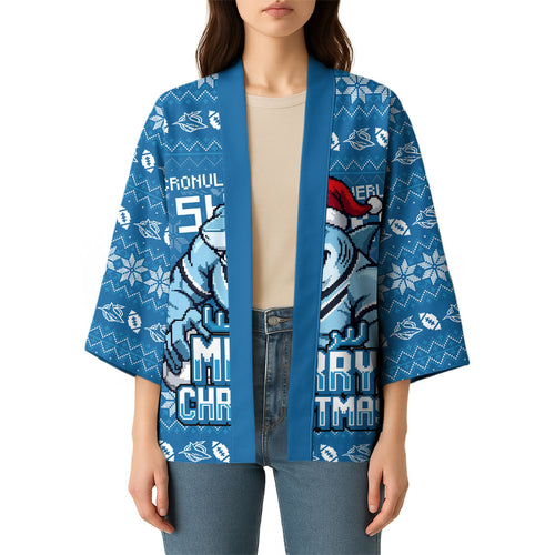 Personalized Cronulla Sharks Christmas Kimono Australian Rugby Fans - Pixelated Ugly Xmas Pattern Mascot Santa