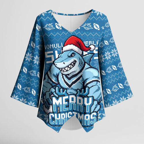 Personalized Cronulla Sharks Christmas Kimono Sleeve Blouse Australian Rugby Fans - Pixelated Ugly Xmas Pattern Mascot Santa