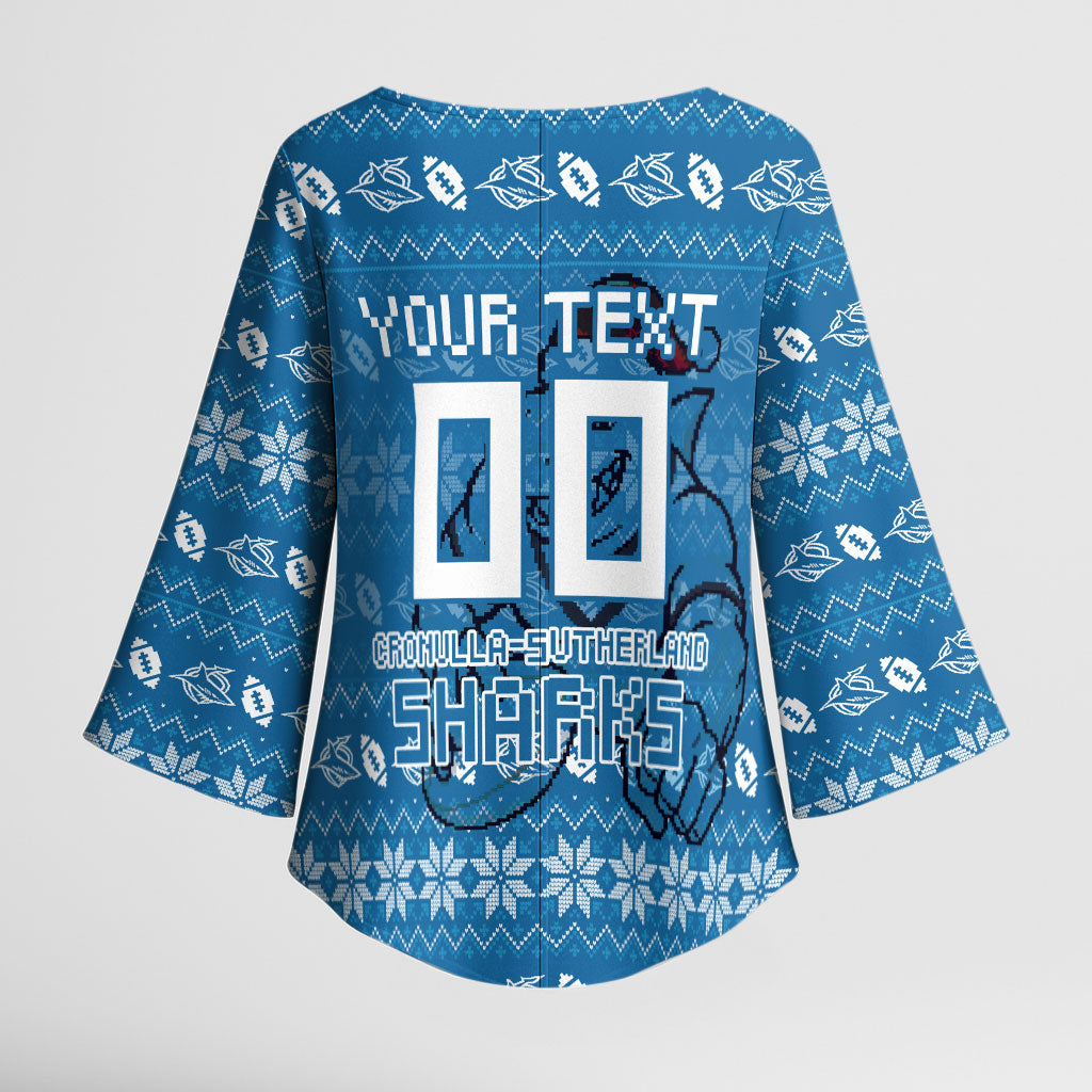 Personalized Cronulla Sharks Christmas Kimono Sleeve Blouse Australian Rugby Fans - Pixelated Ugly Xmas Pattern Mascot Santa