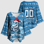 Personalized Cronulla Sharks Christmas Kimono Sleeve Blouse Australian Rugby Fans - Pixelated Ugly Xmas Pattern Mascot Santa