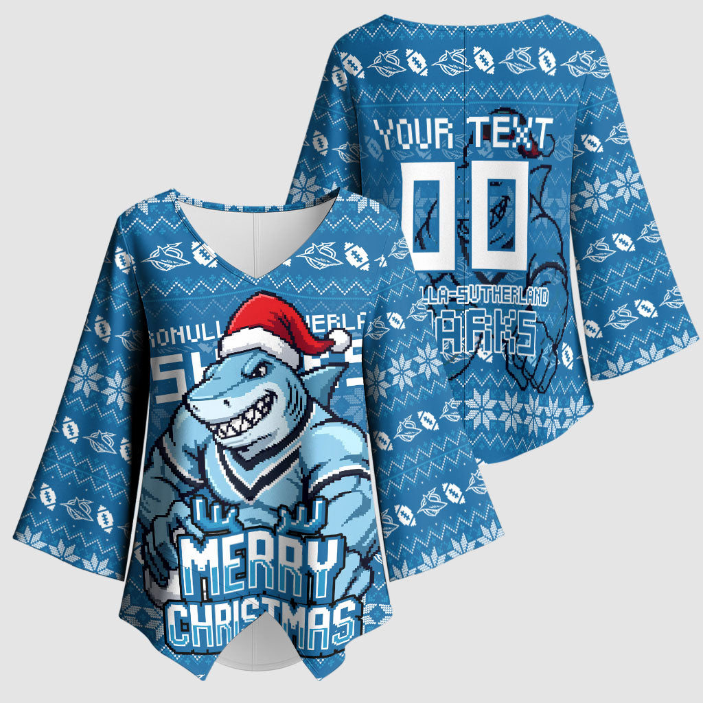 Personalized Cronulla Sharks Christmas Kimono Sleeve Blouse Australian Rugby Fans - Pixelated Ugly Xmas Pattern Mascot Santa