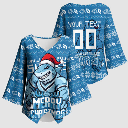 Personalized Cronulla Sharks Christmas Kimono Sleeve Blouse Australian Rugby Fans - Pixelated Ugly Xmas Pattern Mascot Santa