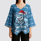 Personalized Cronulla Sharks Christmas Kimono Sleeve Blouse Australian Rugby Fans - Pixelated Ugly Xmas Pattern Mascot Santa