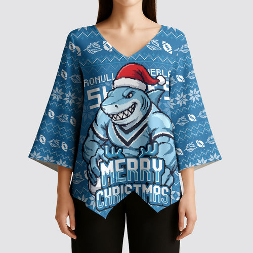 Personalized Cronulla Sharks Christmas Kimono Sleeve Blouse Australian Rugby Fans - Pixelated Ugly Xmas Pattern Mascot Santa