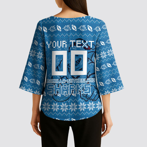 Personalized Cronulla Sharks Christmas Kimono Sleeve Blouse Australian Rugby Fans - Pixelated Ugly Xmas Pattern Mascot Santa
