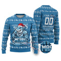 Personalized Cronulla Sharks Christmas Ugly Christmas Sweater Australian Rugby Fans - Pixelated Ugly Xmas Pattern Mascot Santa