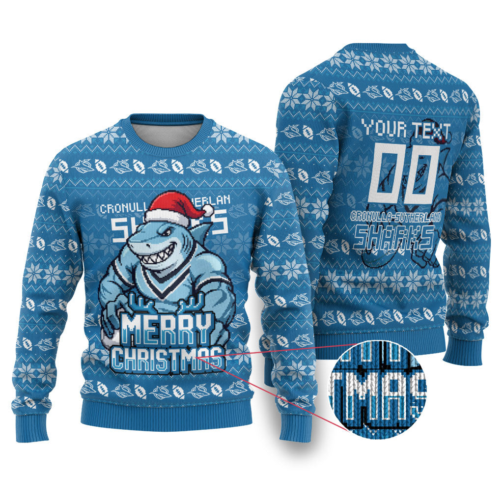 Personalized Cronulla Sharks Christmas Ugly Christmas Sweater Australian Rugby Fans - Pixelated Ugly Xmas Pattern Mascot Santa