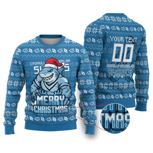 Personalized Cronulla Sharks Christmas Ugly Christmas Sweater Australian Rugby Fans - Pixelated Ugly Xmas Pattern Mascot Santa