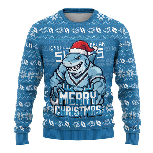 Personalized Cronulla Sharks Christmas Ugly Christmas Sweater Australian Rugby Fans - Pixelated Ugly Xmas Pattern Mascot Santa