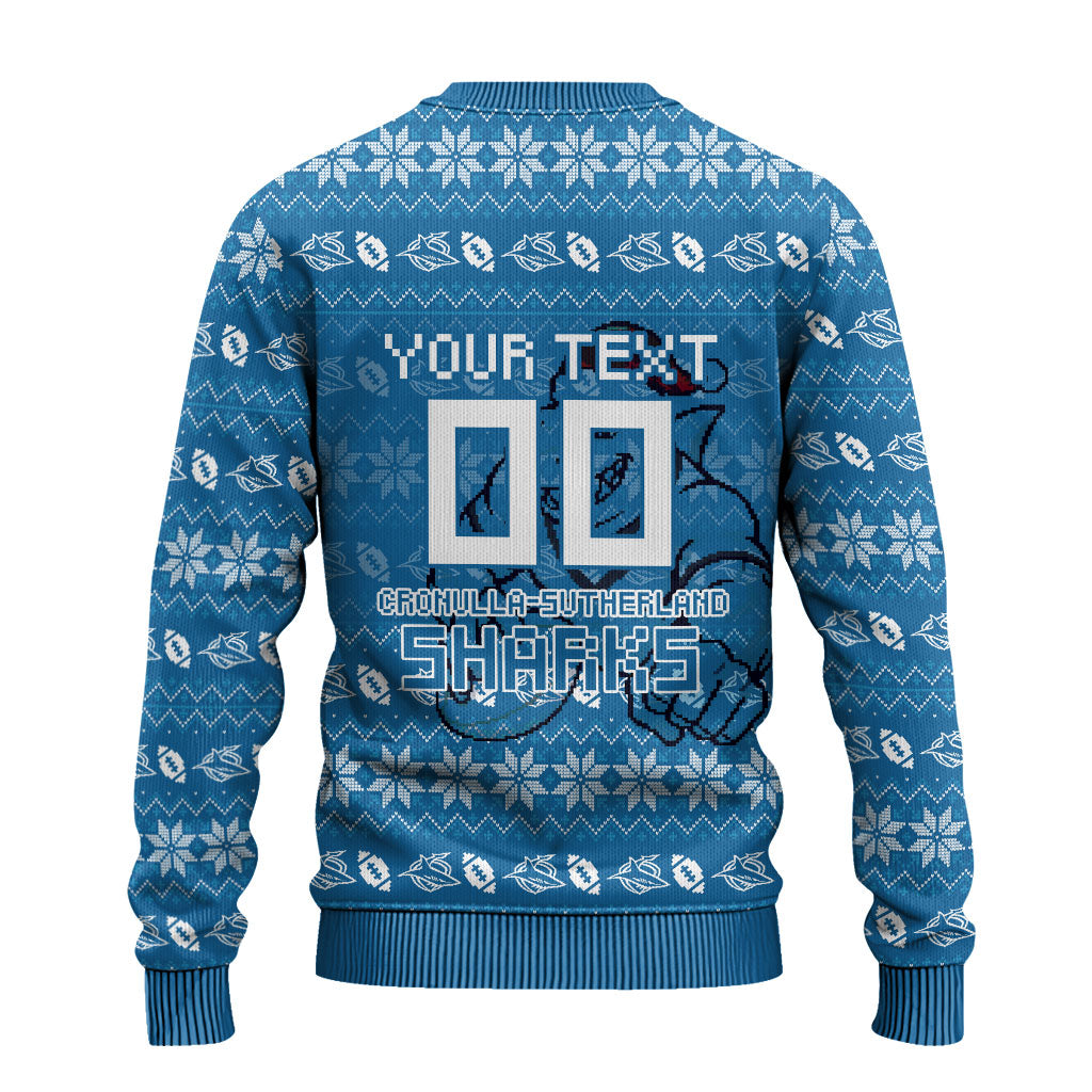 Personalized Cronulla Sharks Christmas Ugly Christmas Sweater Australian Rugby Fans - Pixelated Ugly Xmas Pattern Mascot Santa