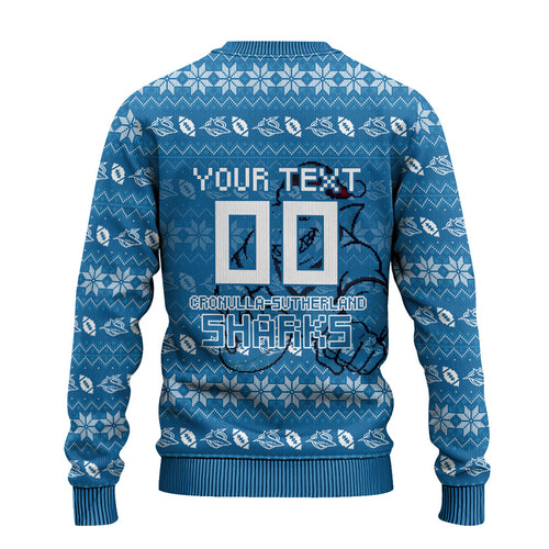 Personalized Cronulla Sharks Christmas Ugly Christmas Sweater Australian Rugby Fans - Pixelated Ugly Xmas Pattern Mascot Santa