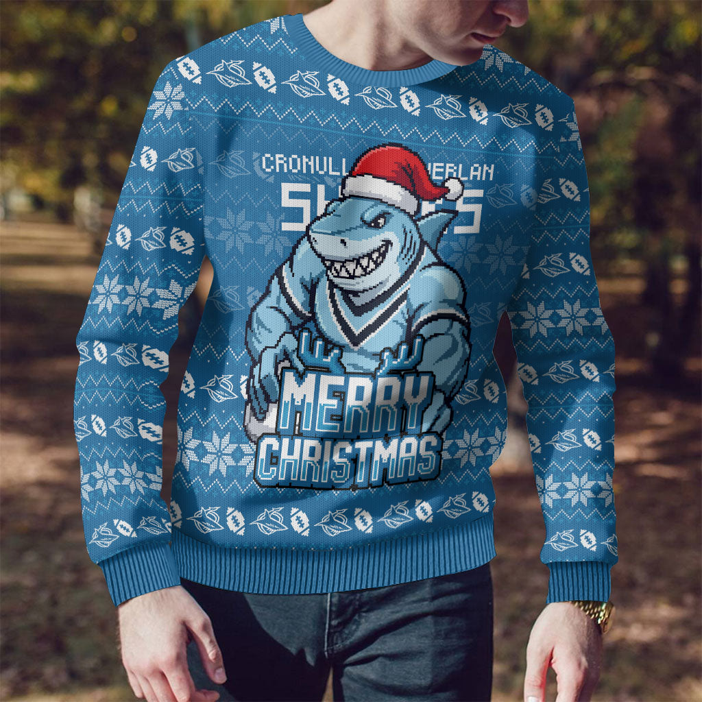 Personalized Cronulla Sharks Christmas Ugly Christmas Sweater Australian Rugby Fans - Pixelated Ugly Xmas Pattern Mascot Santa