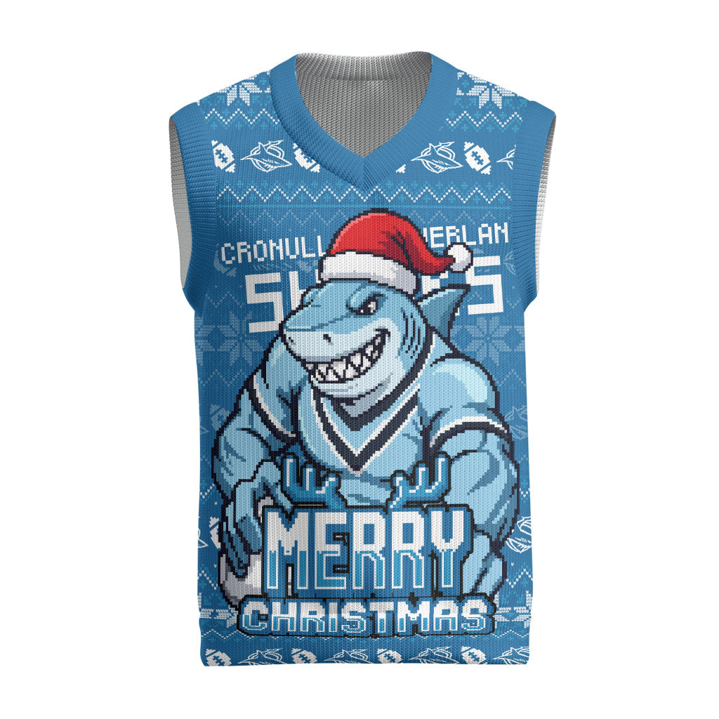 Personalized Cronulla Sharks Christmas Knitted V-Neck Vest Australian Rugby Fans - Pixelated Ugly Xmas Pattern Mascot Santa