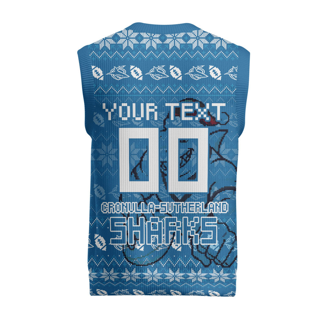 Personalized Cronulla Sharks Christmas Knitted V-Neck Vest Australian Rugby Fans - Pixelated Ugly Xmas Pattern Mascot Santa