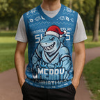 Personalized Cronulla Sharks Christmas Knitted V-Neck Vest Australian Rugby Fans - Pixelated Ugly Xmas Pattern Mascot Santa