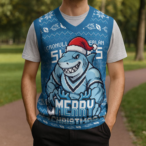 Personalized Cronulla Sharks Christmas Knitted V-Neck Vest Australian Rugby Fans - Pixelated Ugly Xmas Pattern Mascot Santa