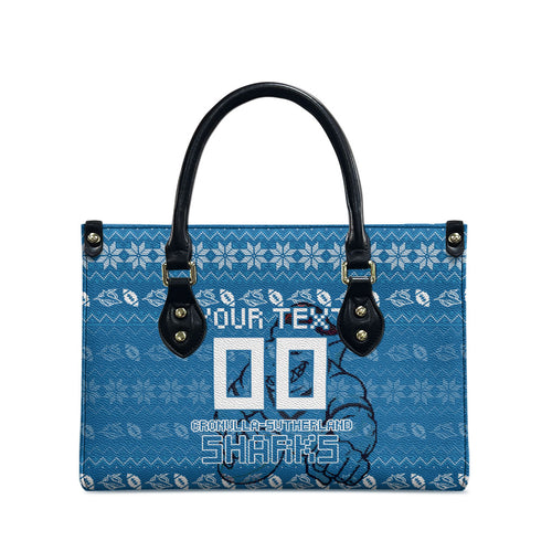 Personalized Cronulla Sharks Christmas Leather Bag Australian Rugby Fans - Pixelated Ugly Xmas Pattern Mascot Santa