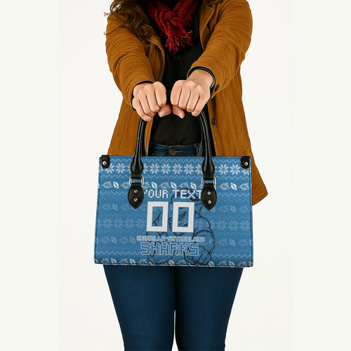 Personalized Cronulla Sharks Christmas Leather Bag Australian Rugby Fans - Pixelated Ugly Xmas Pattern Mascot Santa