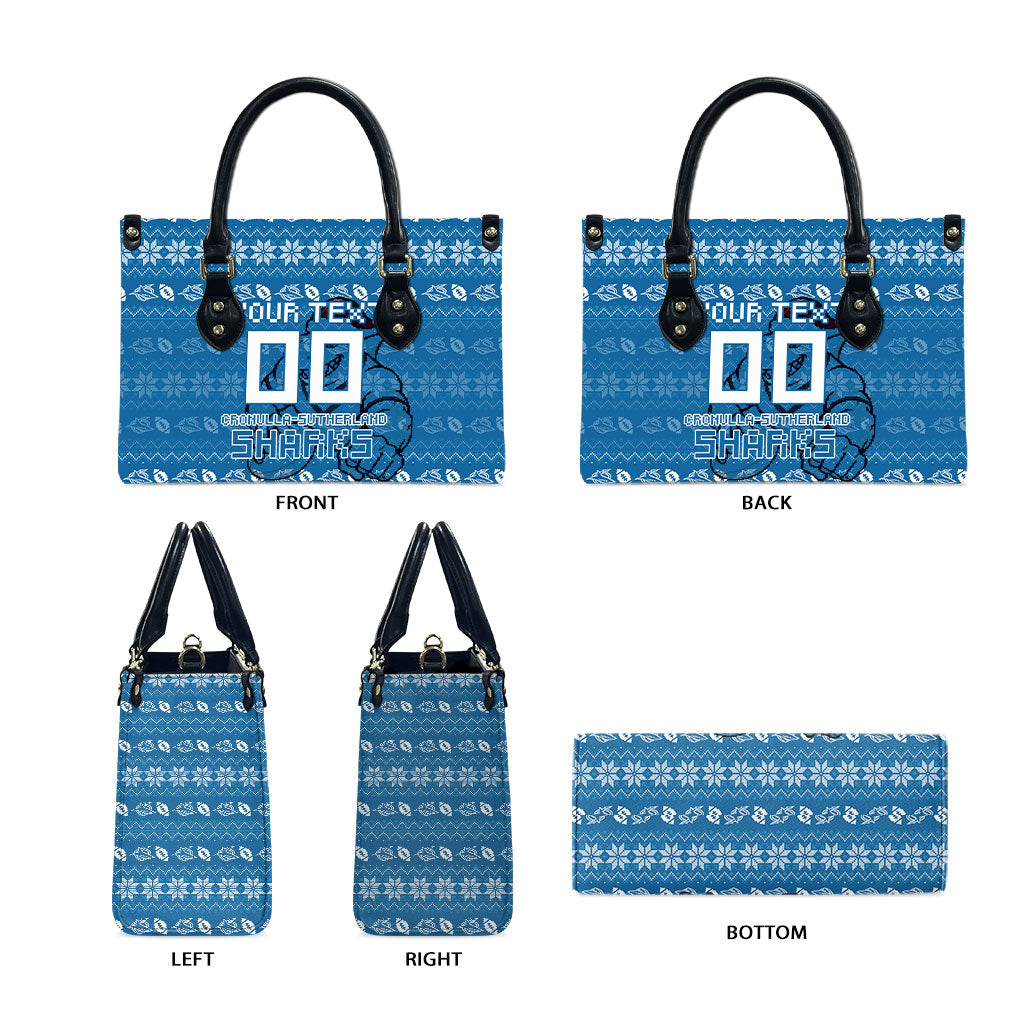 Personalized Cronulla Sharks Christmas Leather Bag Australian Rugby Fans - Pixelated Ugly Xmas Pattern Mascot Santa