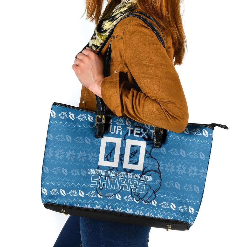 Personalized Cronulla Sharks Christmas Leather Tote Bag Australian Rugby Fans - Pixelated Ugly Xmas Pattern Mascot Santa