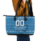 Personalized Cronulla Sharks Christmas Leather Tote Bag Australian Rugby Fans - Pixelated Ugly Xmas Pattern Mascot Santa