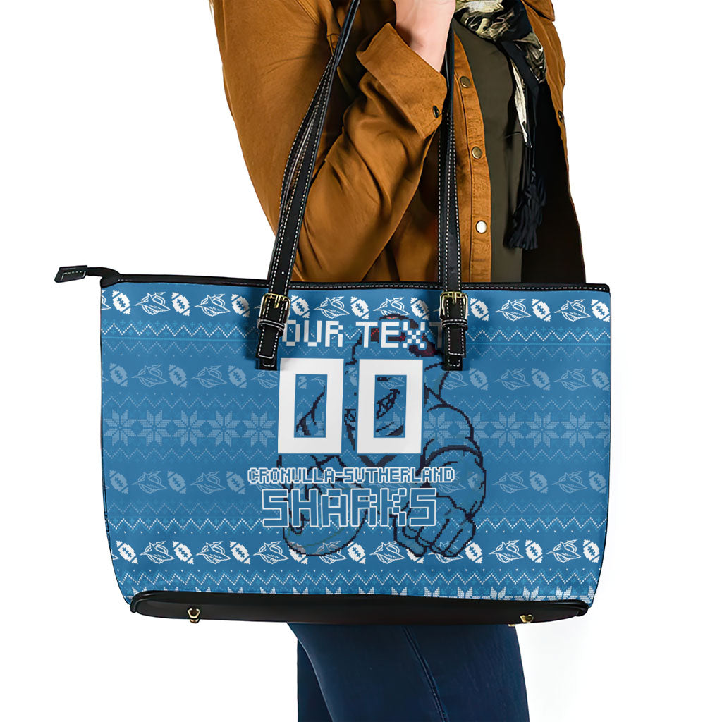Personalized Cronulla Sharks Christmas Leather Tote Bag Australian Rugby Fans - Pixelated Ugly Xmas Pattern Mascot Santa