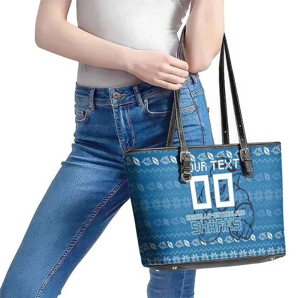 Personalized Cronulla Sharks Christmas Leather Tote Bag Australian Rugby Fans - Pixelated Ugly Xmas Pattern Mascot Santa
