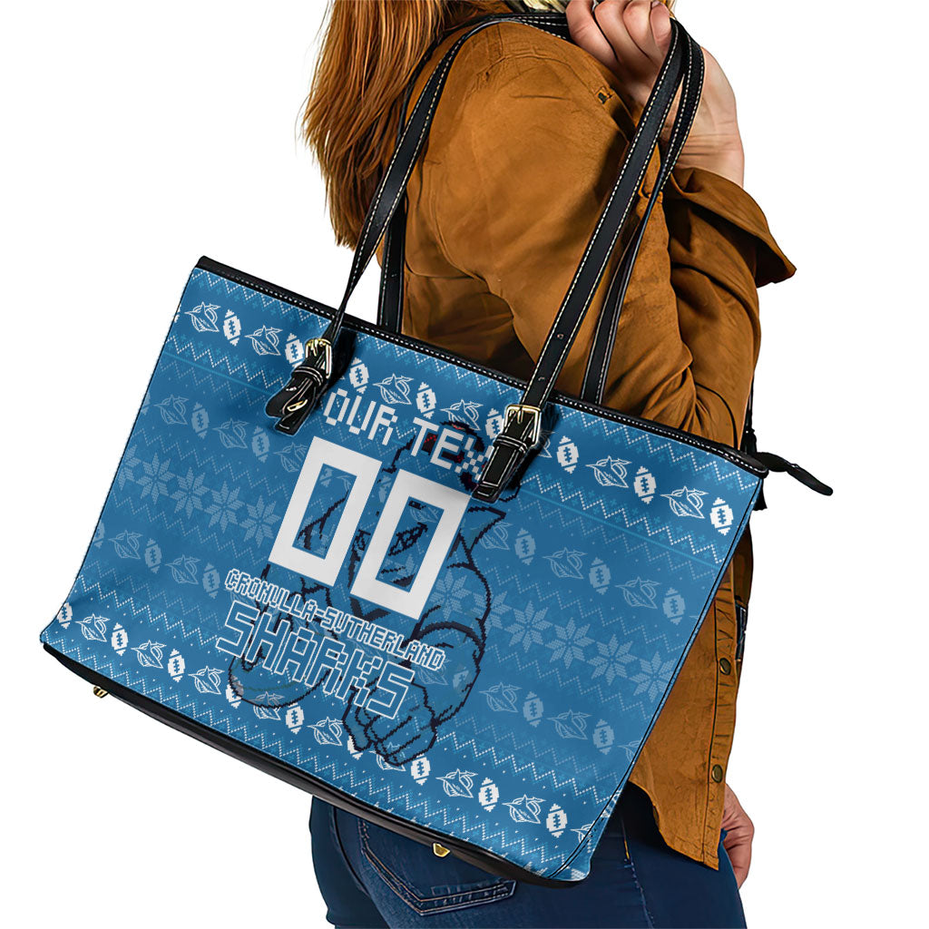 Personalized Cronulla Sharks Christmas Leather Tote Bag Australian Rugby Fans - Pixelated Ugly Xmas Pattern Mascot Santa