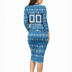 Personalized Cronulla Sharks Christmas Long Sleeve Bodycon Dress Australian Rugby Fans - Pixelated Ugly Xmas Pattern Mascot Santa