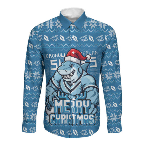 Personalized Cronulla Sharks Christmas Long Sleeve Button Shirt Australian Rugby Fans - Pixelated Ugly Xmas Pattern Mascot Santa