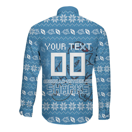 Personalized Cronulla Sharks Christmas Long Sleeve Button Shirt Australian Rugby Fans - Pixelated Ugly Xmas Pattern Mascot Santa