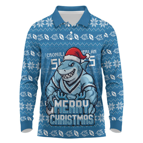 Personalized Cronulla Sharks Christmas Long Sleeve Polo Shirt Australian Rugby Fans - Pixelated Ugly Xmas Pattern Mascot Santa