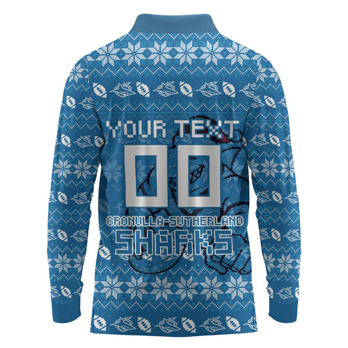 Personalized Cronulla Sharks Christmas Long Sleeve Polo Shirt Australian Rugby Fans - Pixelated Ugly Xmas Pattern Mascot Santa