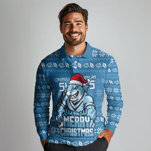 Personalized Cronulla Sharks Christmas Long Sleeve Polo Shirt Australian Rugby Fans - Pixelated Ugly Xmas Pattern Mascot Santa