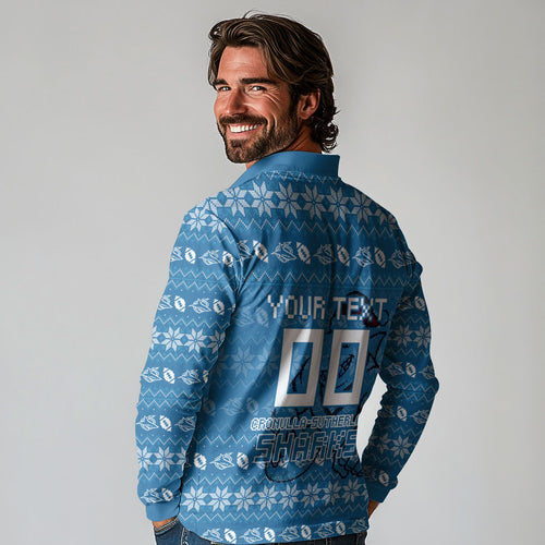 Personalized Cronulla Sharks Christmas Long Sleeve Polo Shirt Australian Rugby Fans - Pixelated Ugly Xmas Pattern Mascot Santa