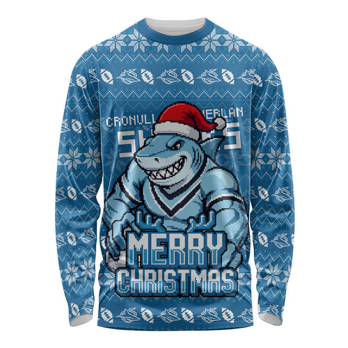 Personalized Cronulla Sharks Christmas Long Sleeve Shirt Australian Rugby Fans - Pixelated Ugly Xmas Pattern Mascot Santa